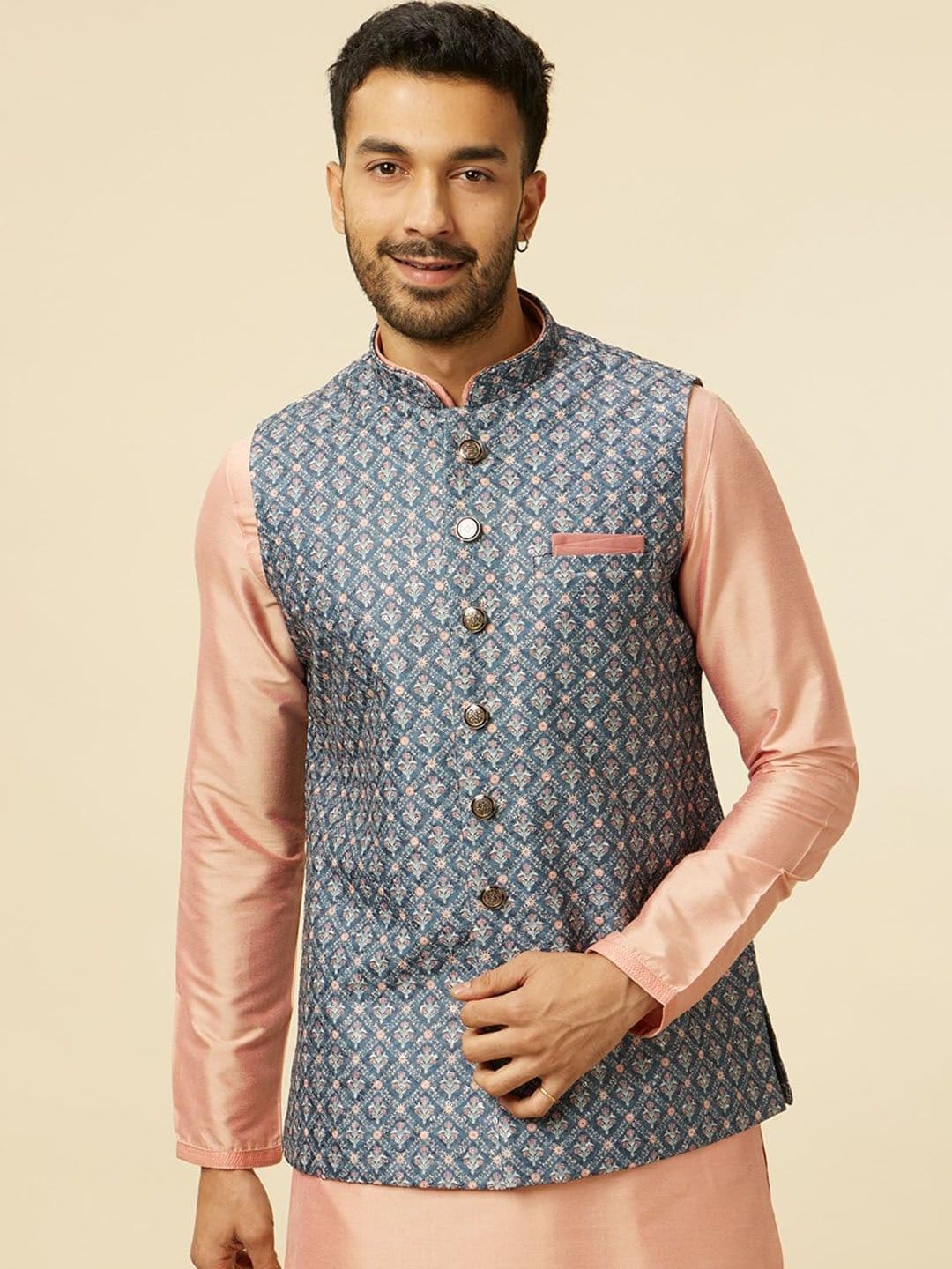 Manyavar Printed Woven Nehru Jacket - view 1