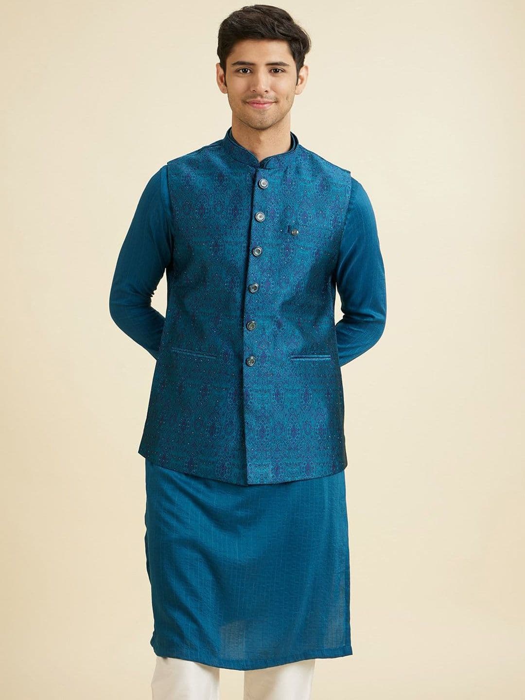 Manyavar Woven Design Mandarin Collar Nehru Jacket - view 1