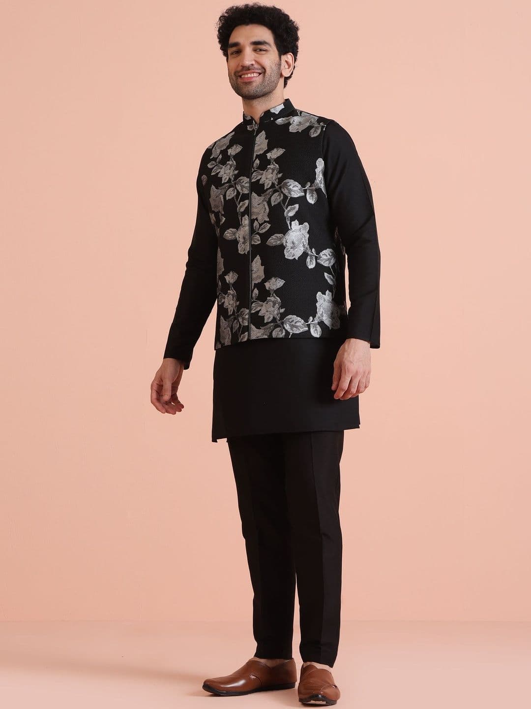 KISAH Floral Printed Nehru Jacket with Zip - view 1