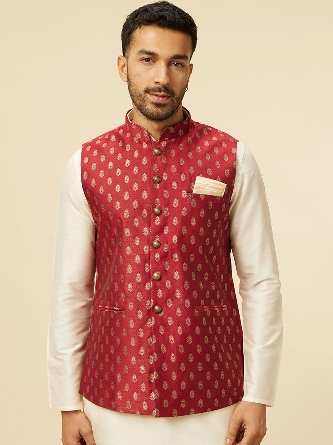 Manyavar Foil Printed Woven Nehru Jacket - view 1