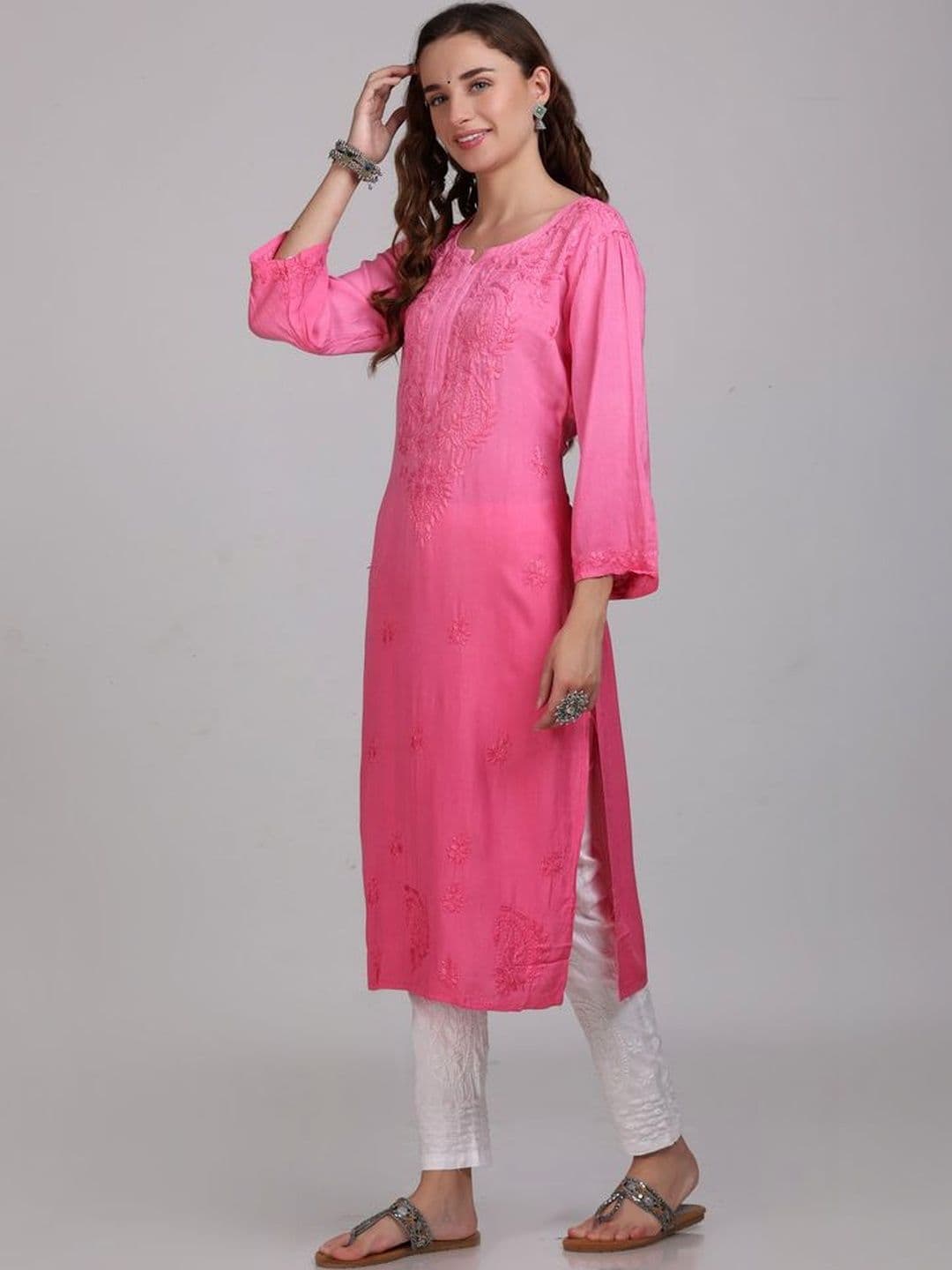KHAKA Women Ethnic Motifs Embroidered Regular Chikankari Kurta with Churidar - view 1