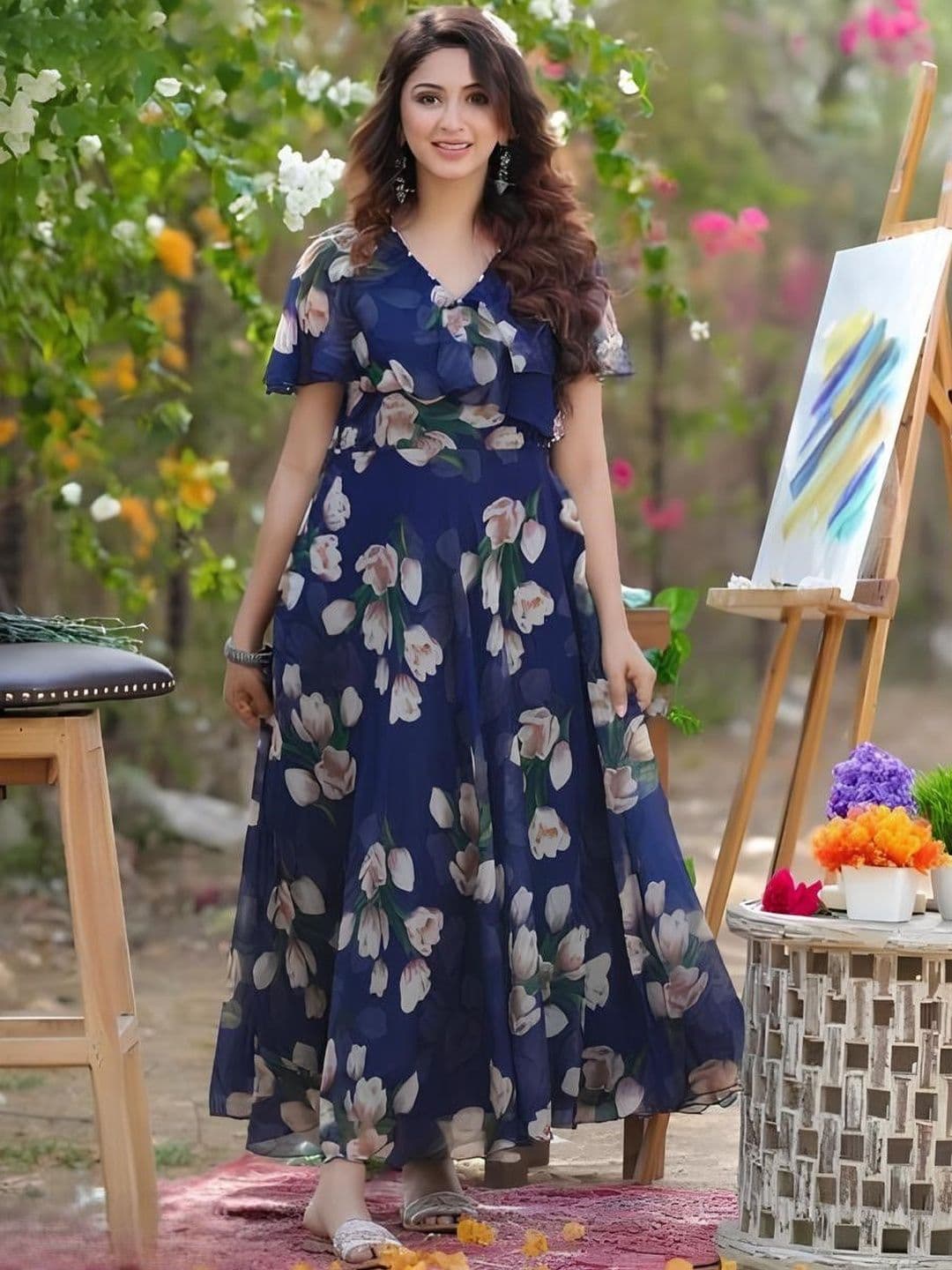 SHYAM SUNDARI Floral Print Flutter Sleeve Ruffled A-Line Maxi Dress - view 1