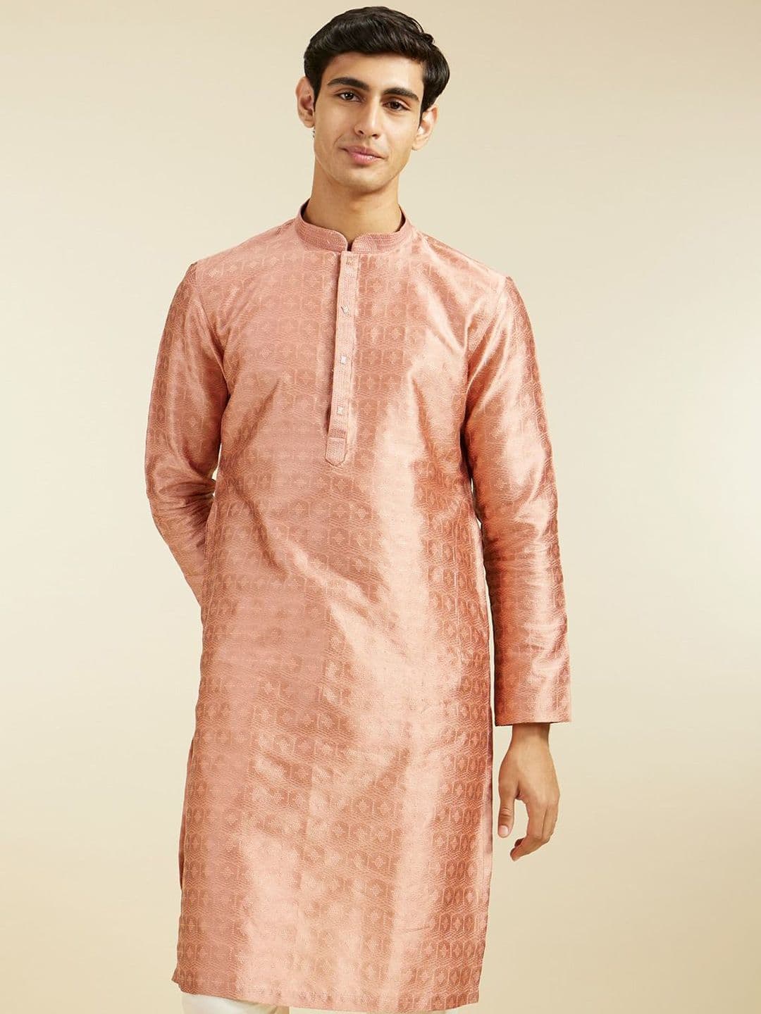 Diwas by Manyavar Geometric Woven Design Thread Work Art Silk Straight Kurta - view 1