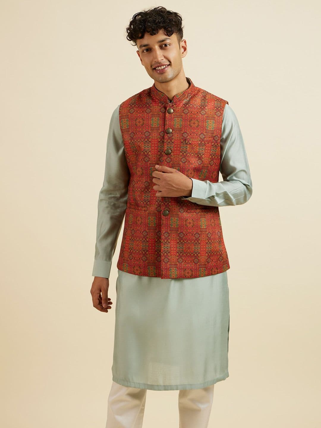 Manyavar Men Printed Woven Nehru Jacket - view 1