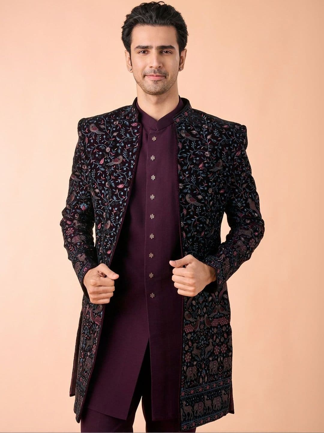 Manyavar Men Embroidered Mandarin Collar Indo Western Sherwani Set - view 1