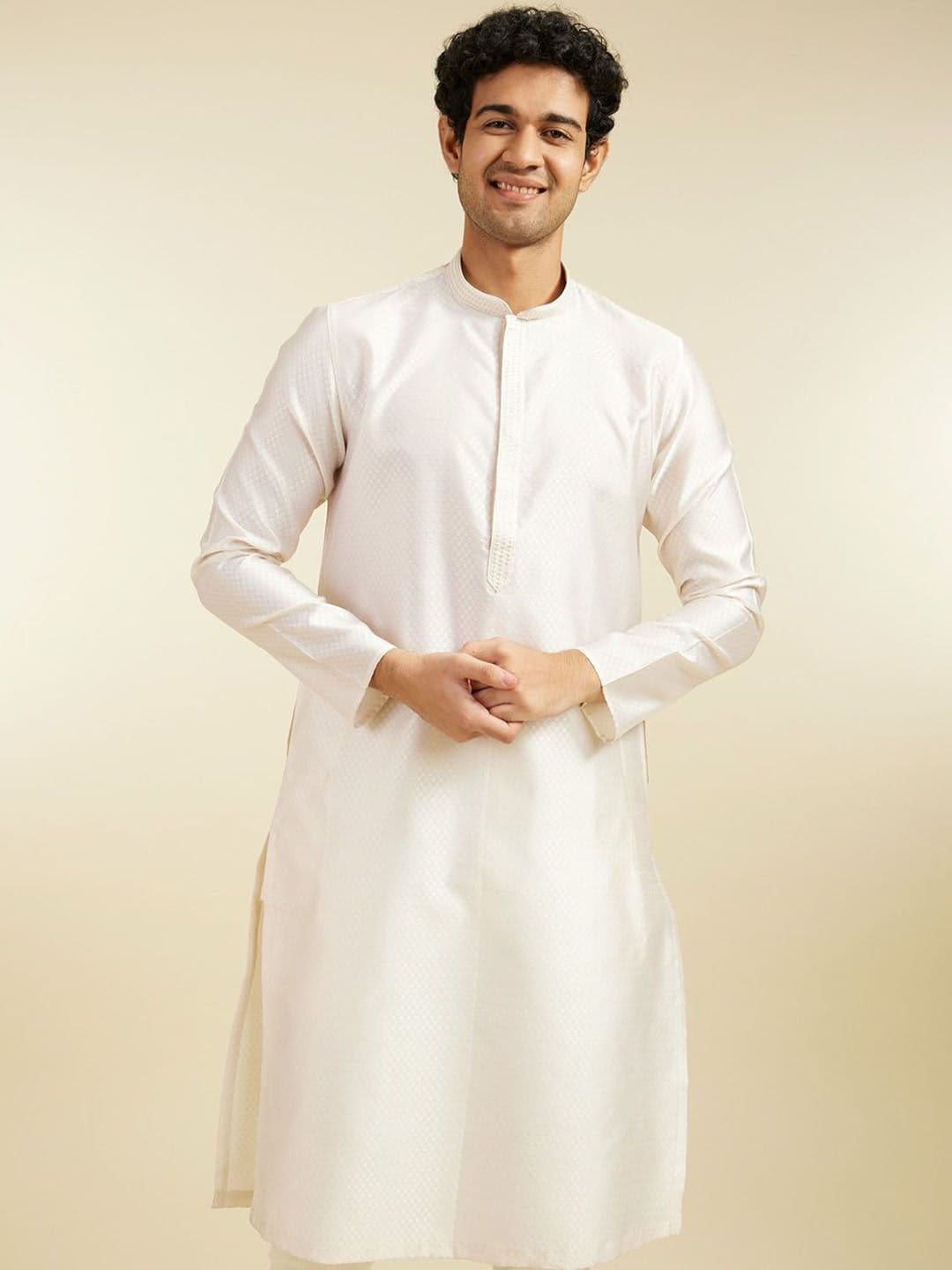 Diwas by Manyavar Ethnic Motifs Woven Design Mandarin Collar Thread Work Art Silk Kurta - view 1