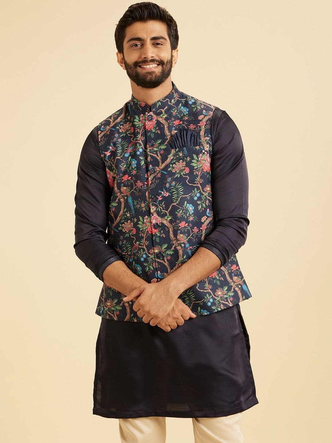 Manyavar Men Floral Printed Nehru Jacket - view 1