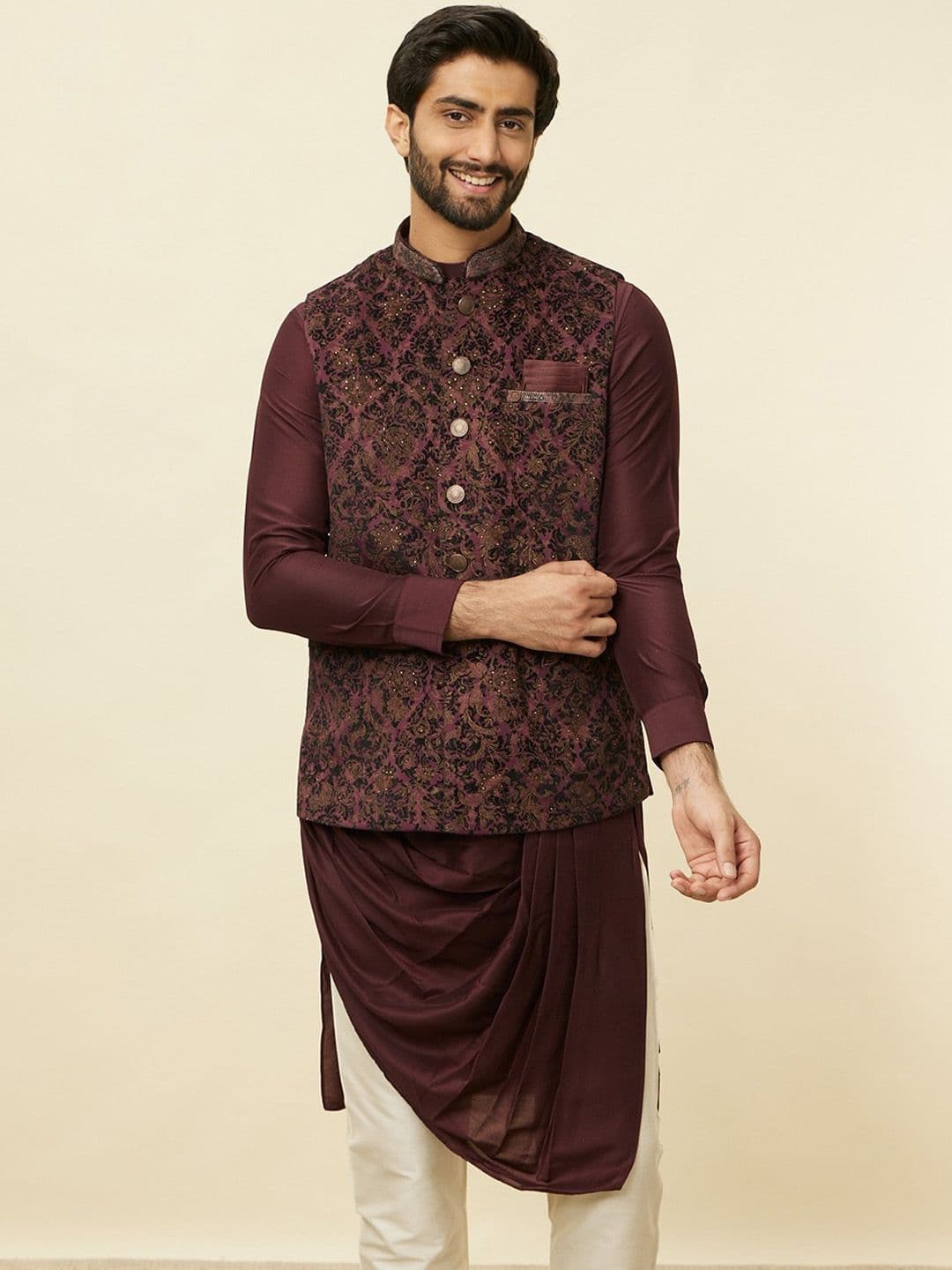 Manyavar Self Design Woven Nehru Jacket - view 1