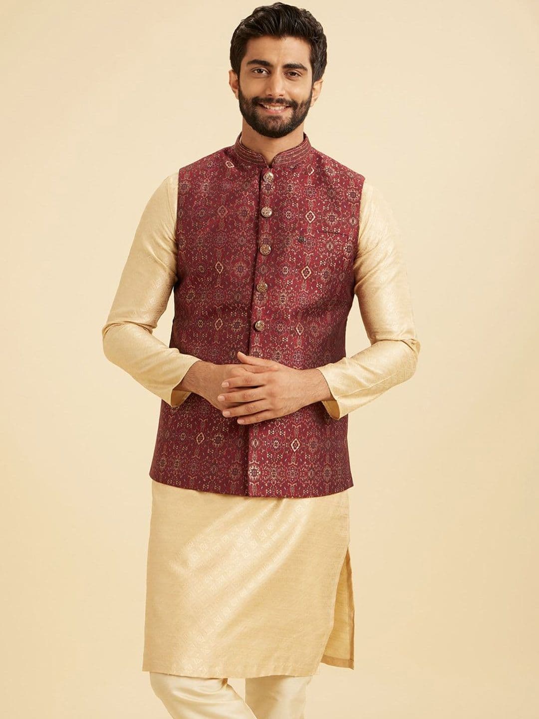 Manyavar Plus Size Woven Design Mandarin Collar Nehru Jacket - view 1