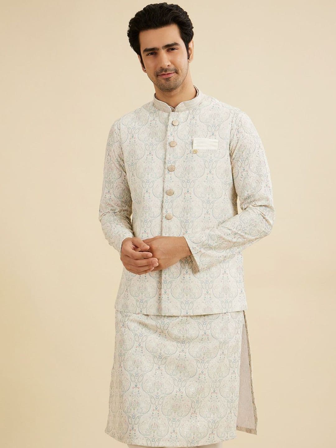 Manyavar Men Embroidered Woven Nehru Jacket - view 1