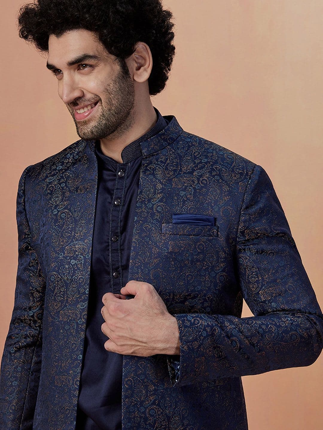 Manyavar Woven Design Brocade Traditional Indo Western Sherwani Set - view 1