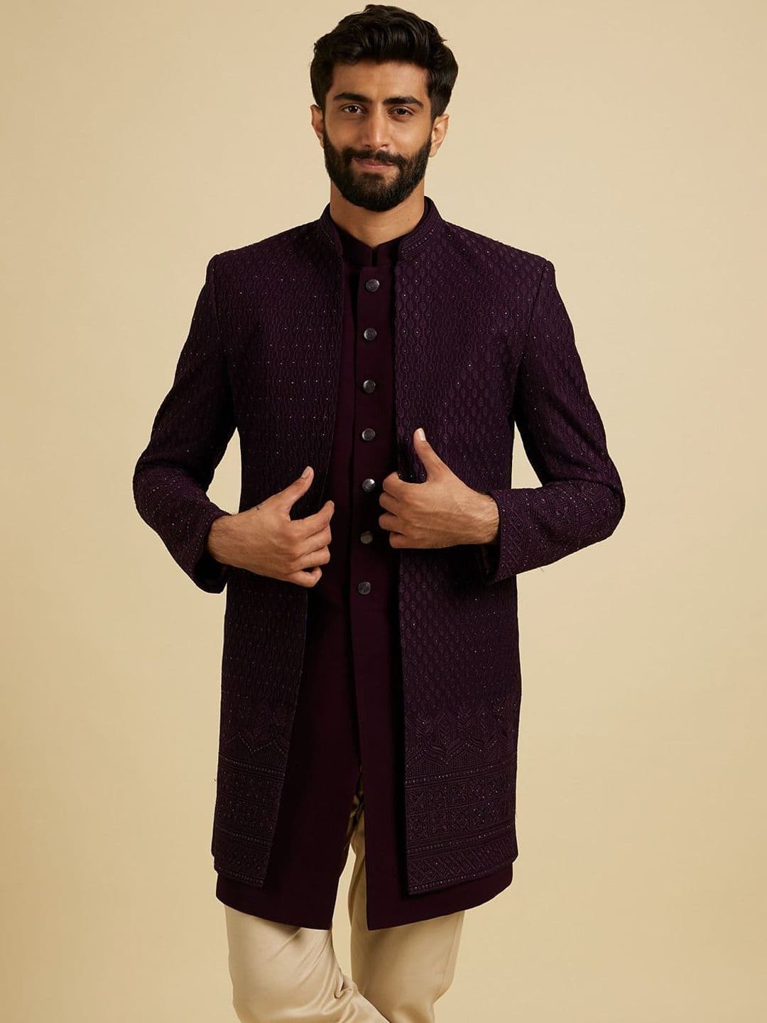 Manyavar Men Embroidered Sequin Work Mandarin Collar Sherwani Set - view 1