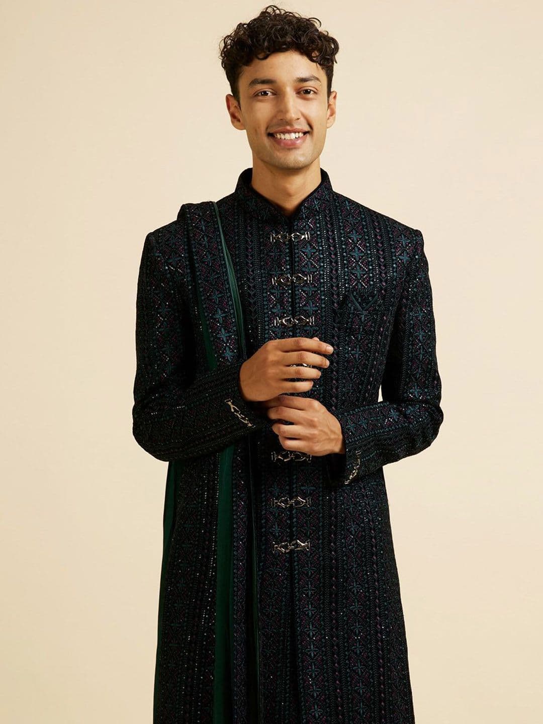 Manyavar Embroidered Mandarin Collar Sherwani Set with Dupatta - view 1