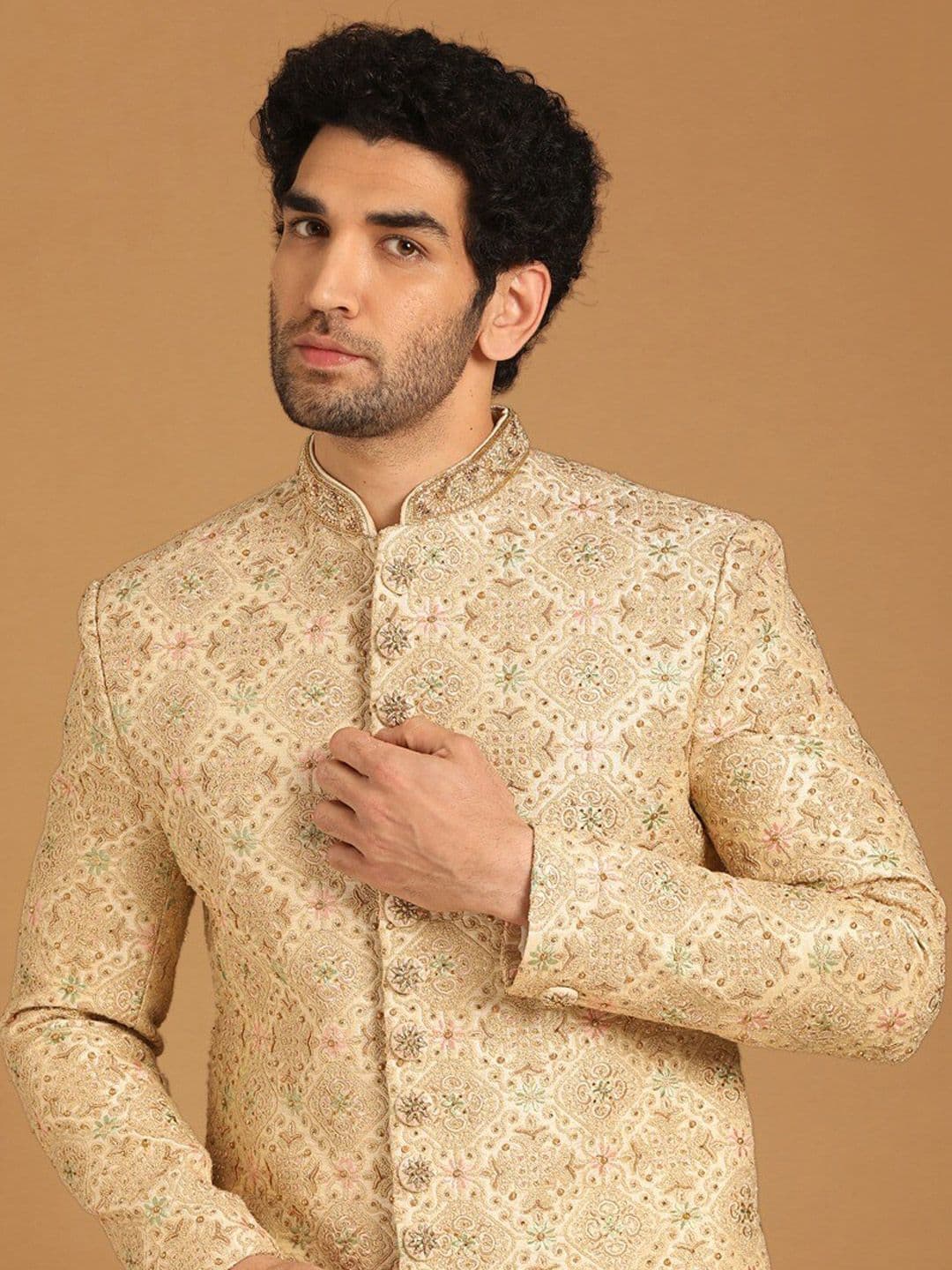 Manyavar Embroidered Sherwani With Pyjamas and Dupatta - view 1