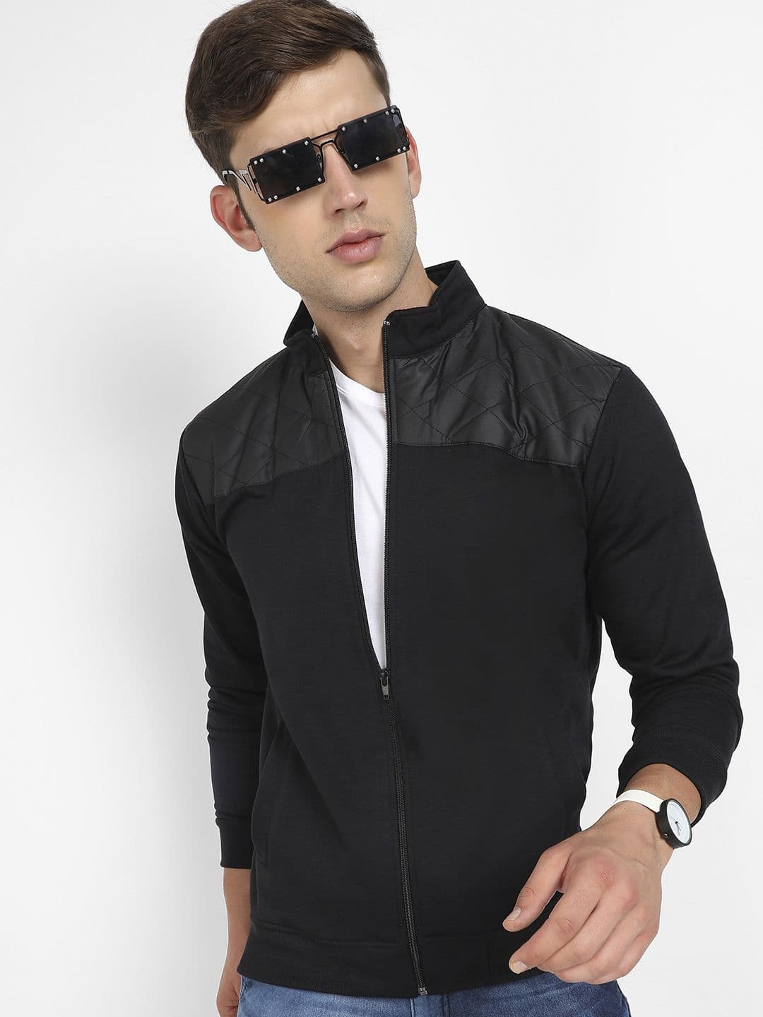 CAHOOT Men Colourblocked Lightweight Biker Jacket with Patchwork - view 1