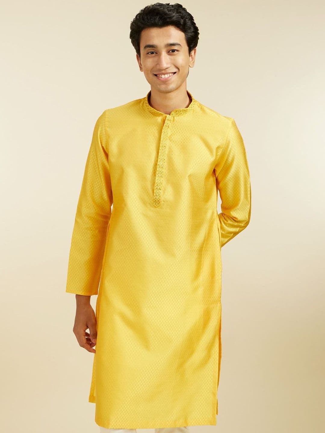 Diwas by Manyavar Floral Woven Design Mandarin Collar Thread Work Art Silk Straight Kurta - view 1