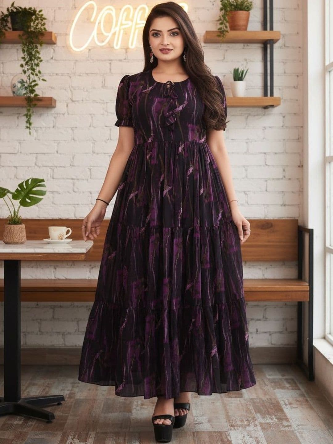 SZN Women Floral Print Puff Sleeve Georgette A-Line Maxi Dress - view 1