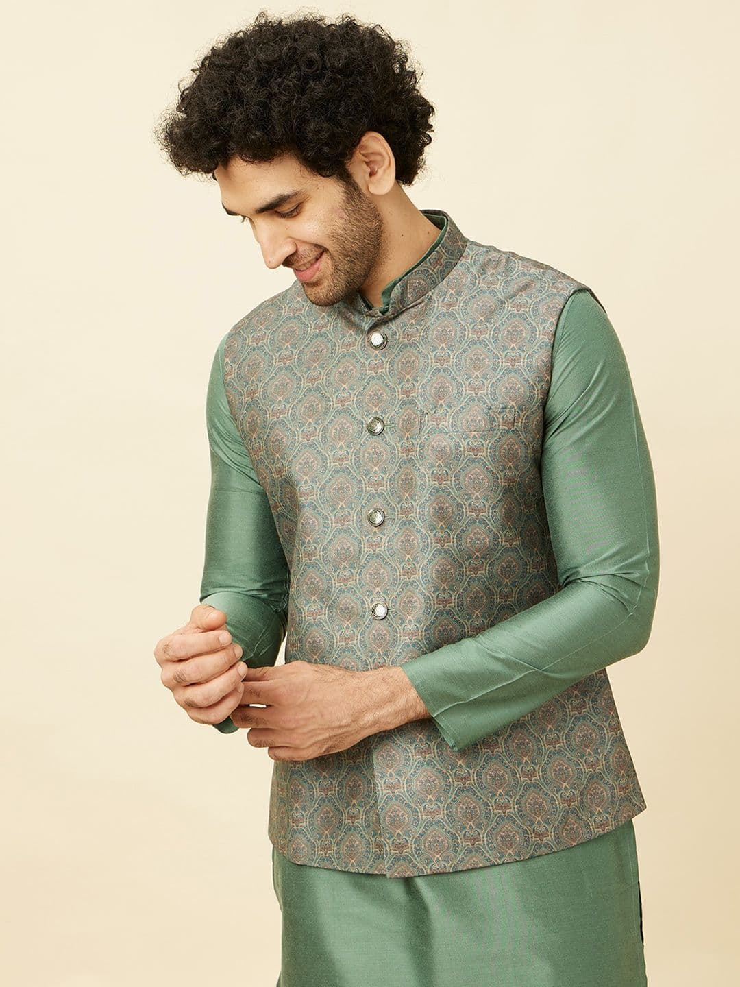 Manyavar Ethnic Motifs Printed Mandarin Collar Nehru Jacket - view 1