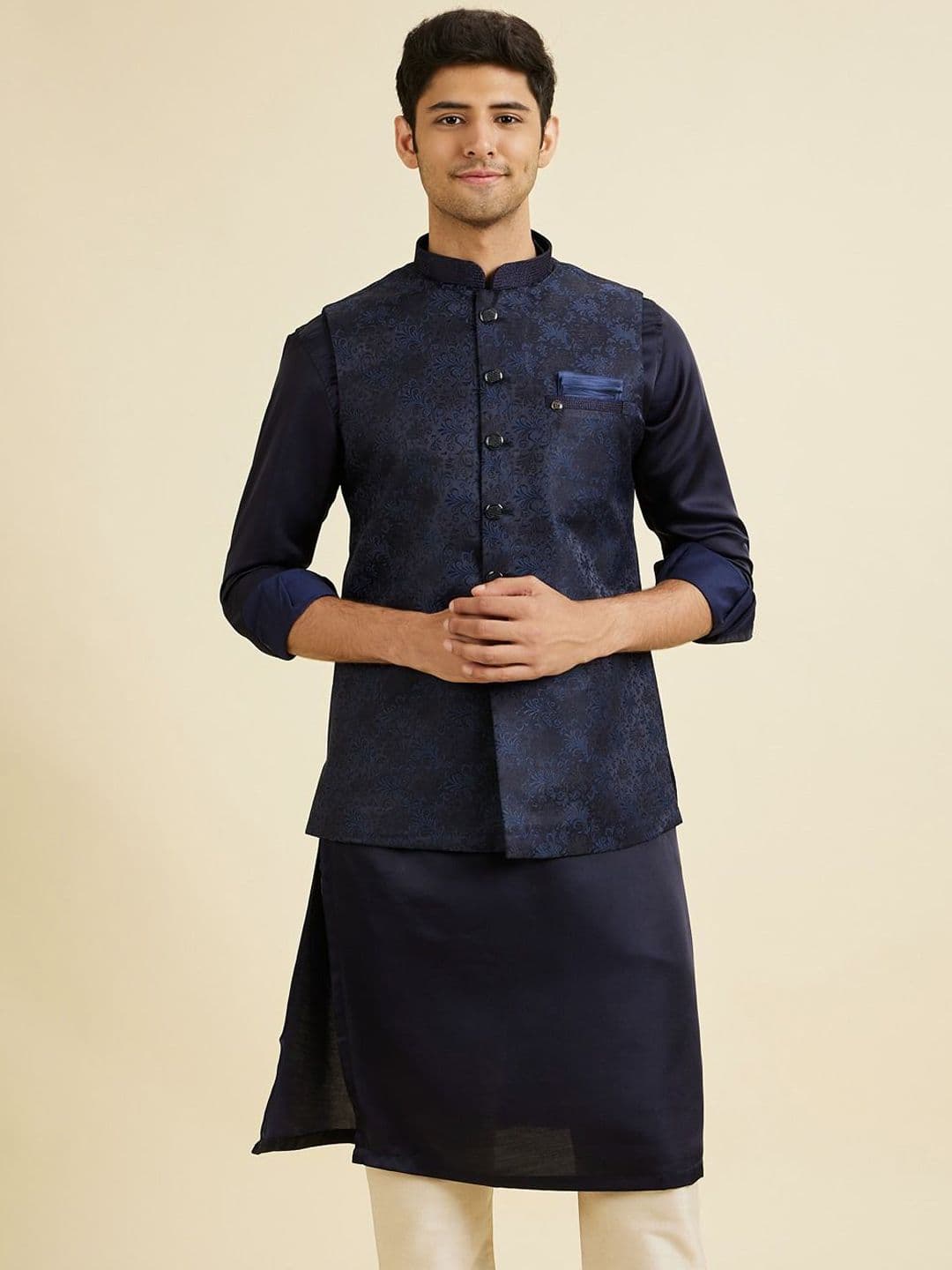 Manyavar Woven Design Mandarin Collar Nehru Jacket - view 1