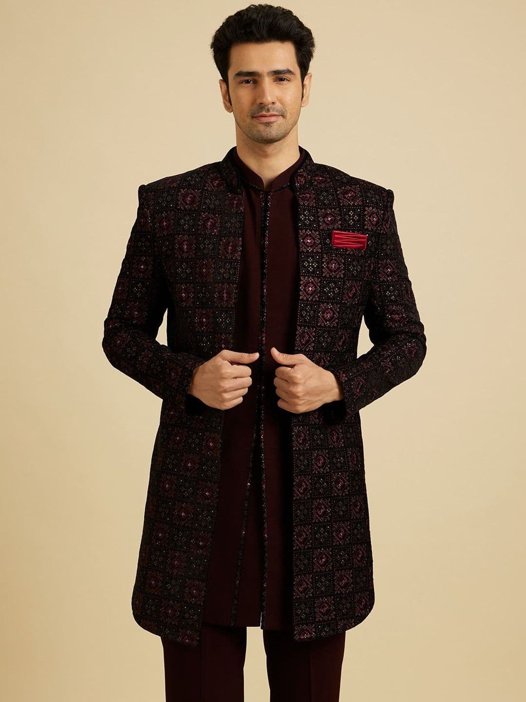 Manyavar Men Embroidered Velvet Mandarin Collar Sherwani Set - view 1