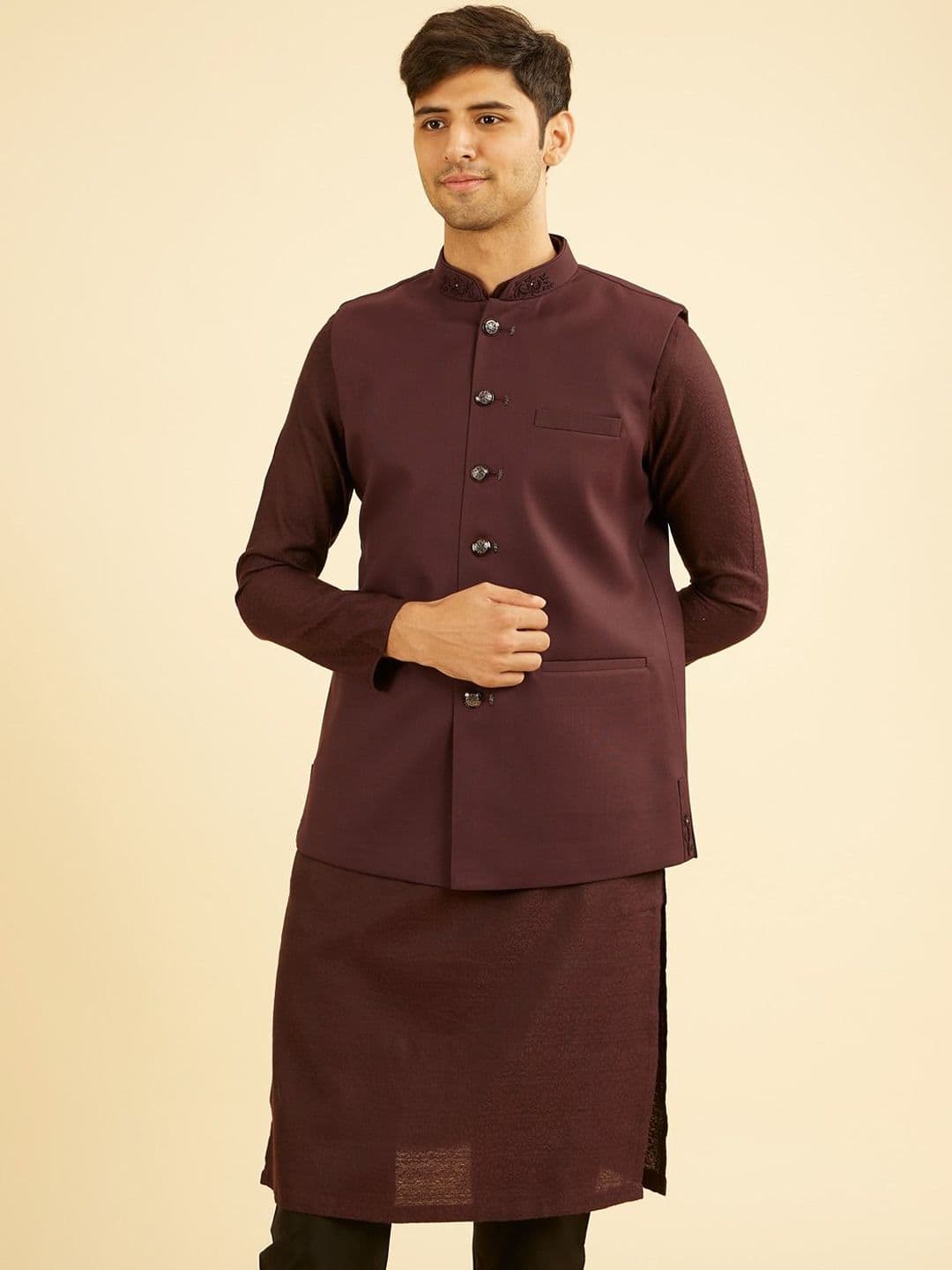 Manyavar Men Self Design Mandarin Collar Nehru Jacket - view 1