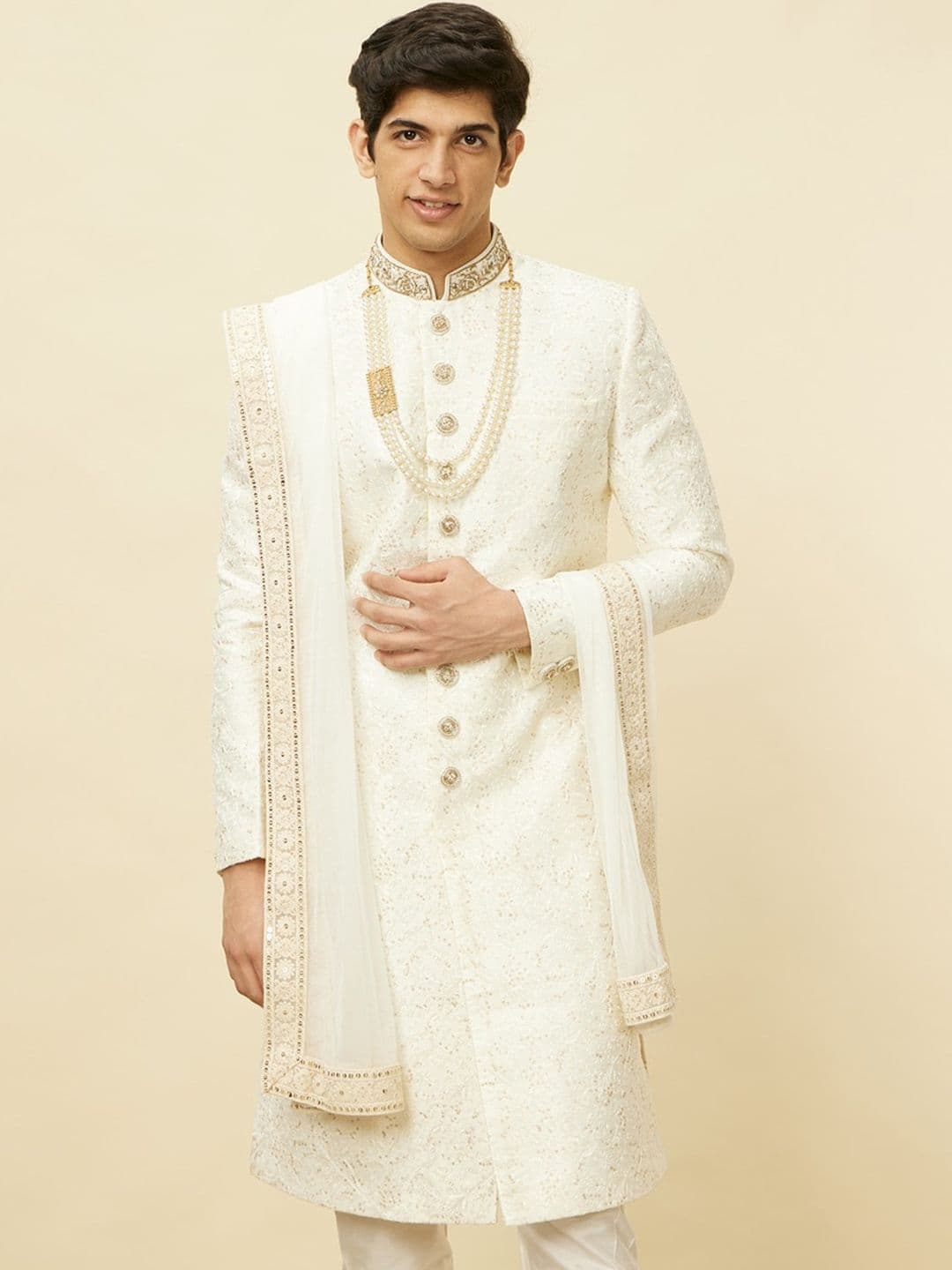 Manyavar Men Self-Design Raw Silk Sherwani Set - view 1