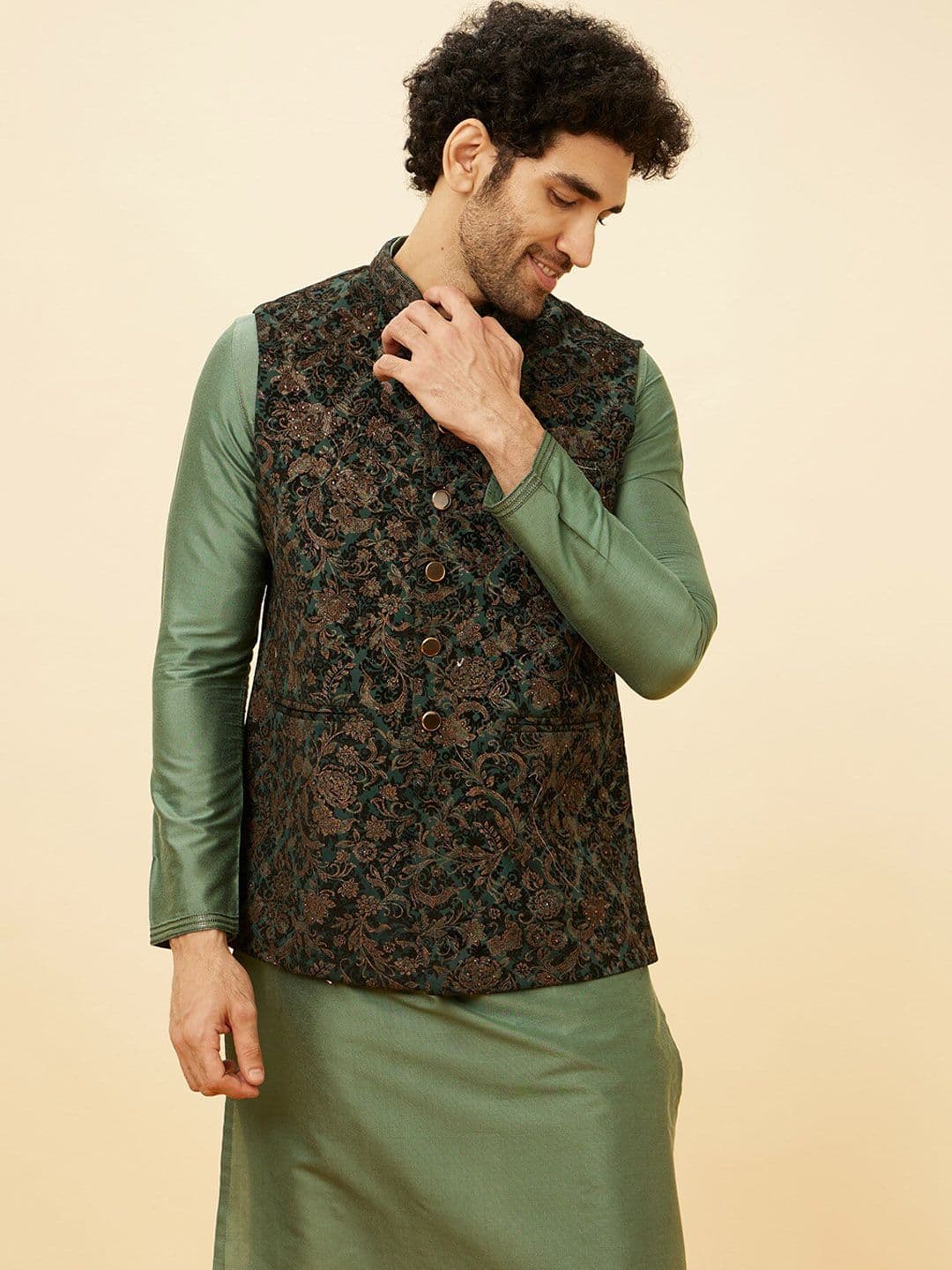 Manyavar Men Woven Design Velvet Nehru Jacket - view 1