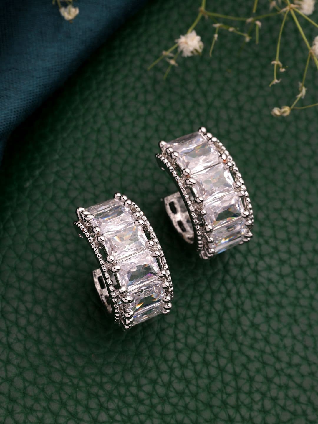 ZENEME Rhodium Plated American Diamond Studded Hoop Earrings - view 1