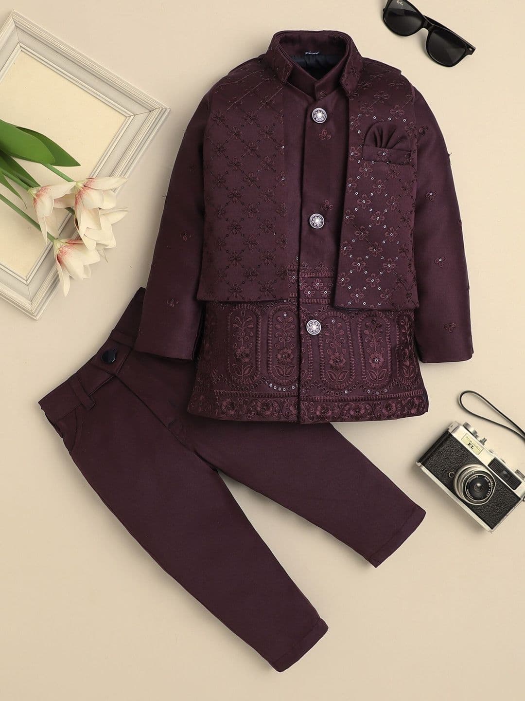 Sangria Boys Sequined Embroidered Mandarin Collar Sherwani Set - view 1