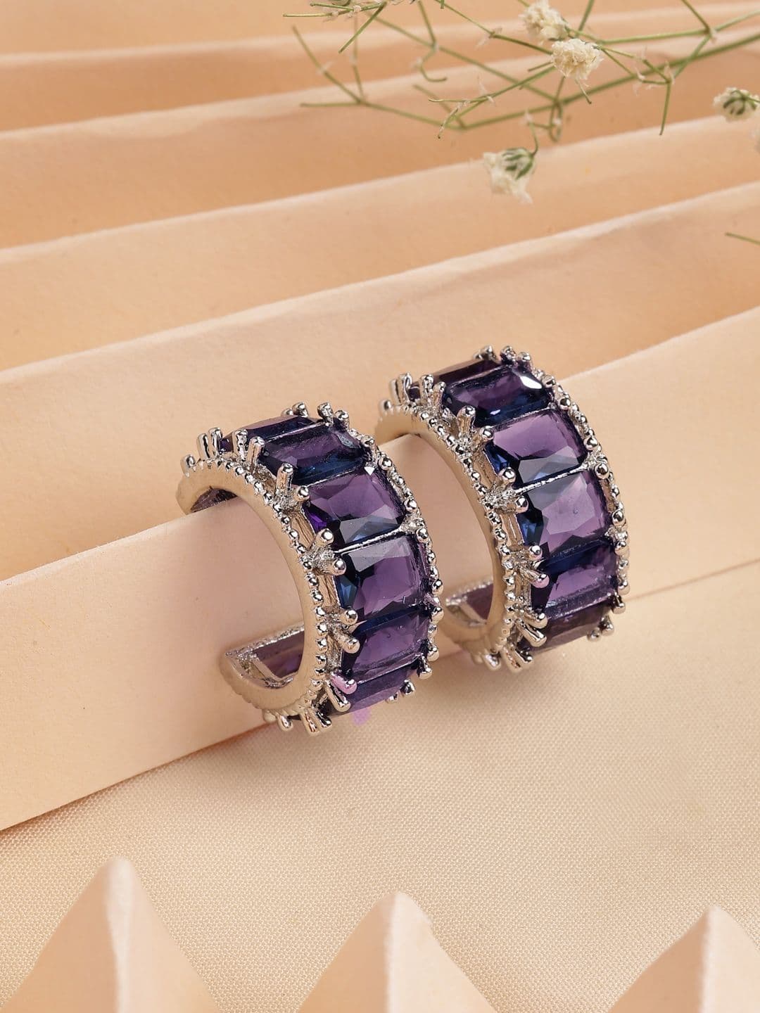 ZENEME Rhodium Plated American Diamond Studded Hoop Earrings - view 1