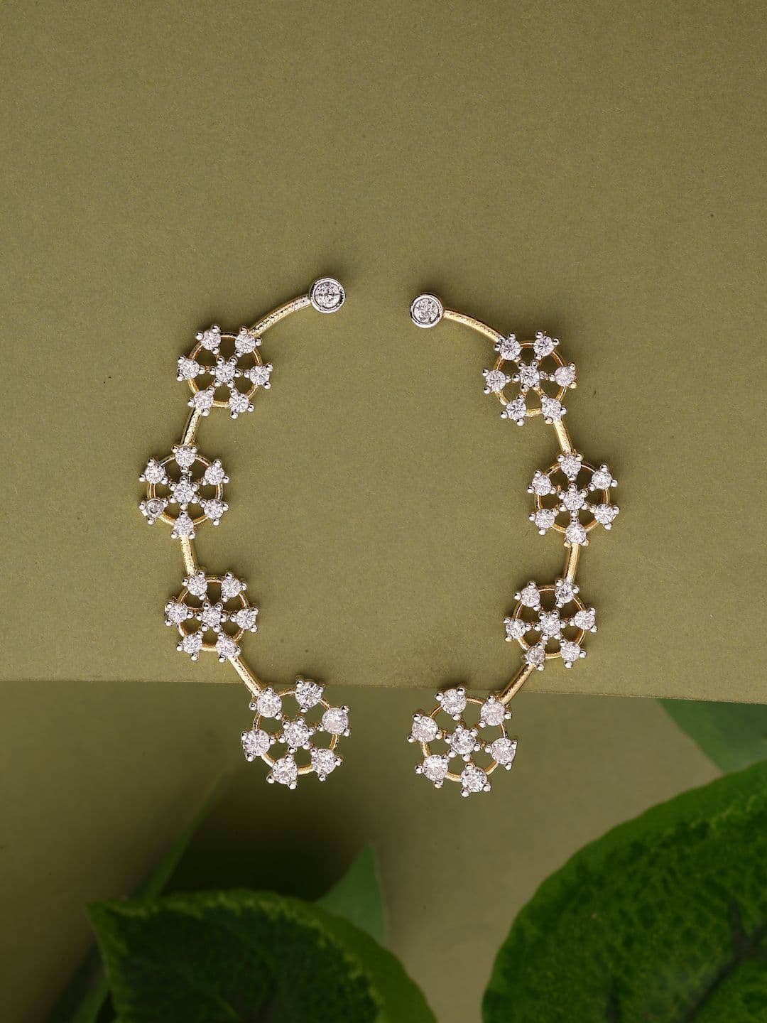ZENEME Gold Plated American Diamond Studded Floral Shaped Ear Cuff Earrings - view 1