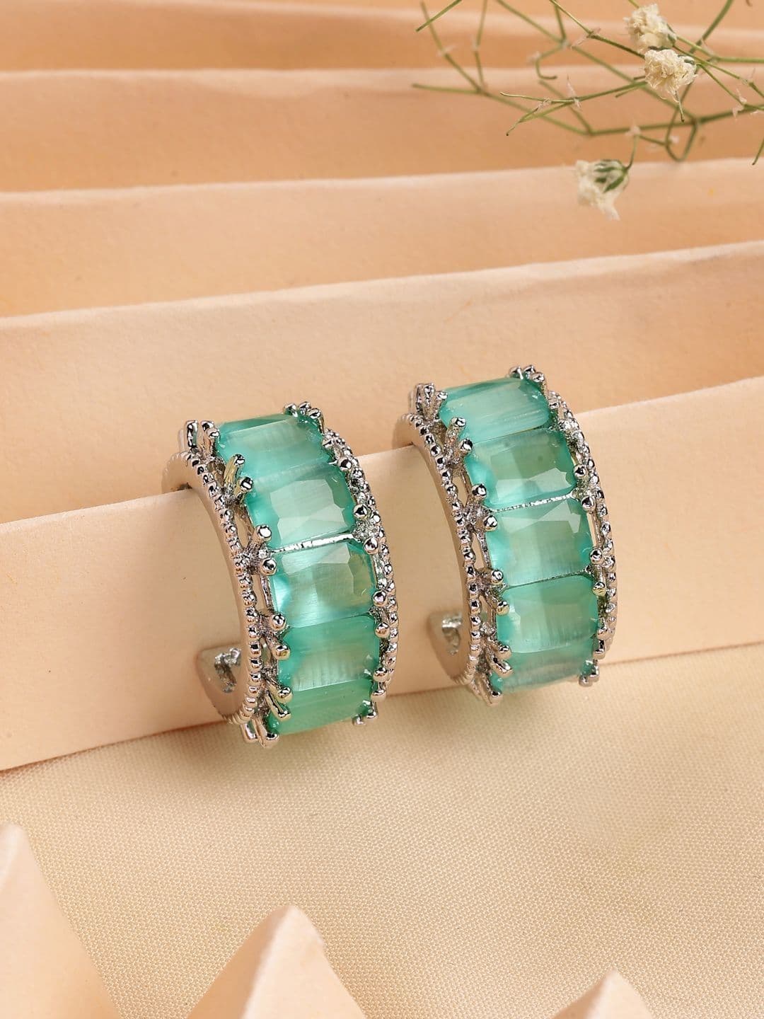 ZENEME Rhodium Plated American Diamond Studded Hoop Earrings - view 1