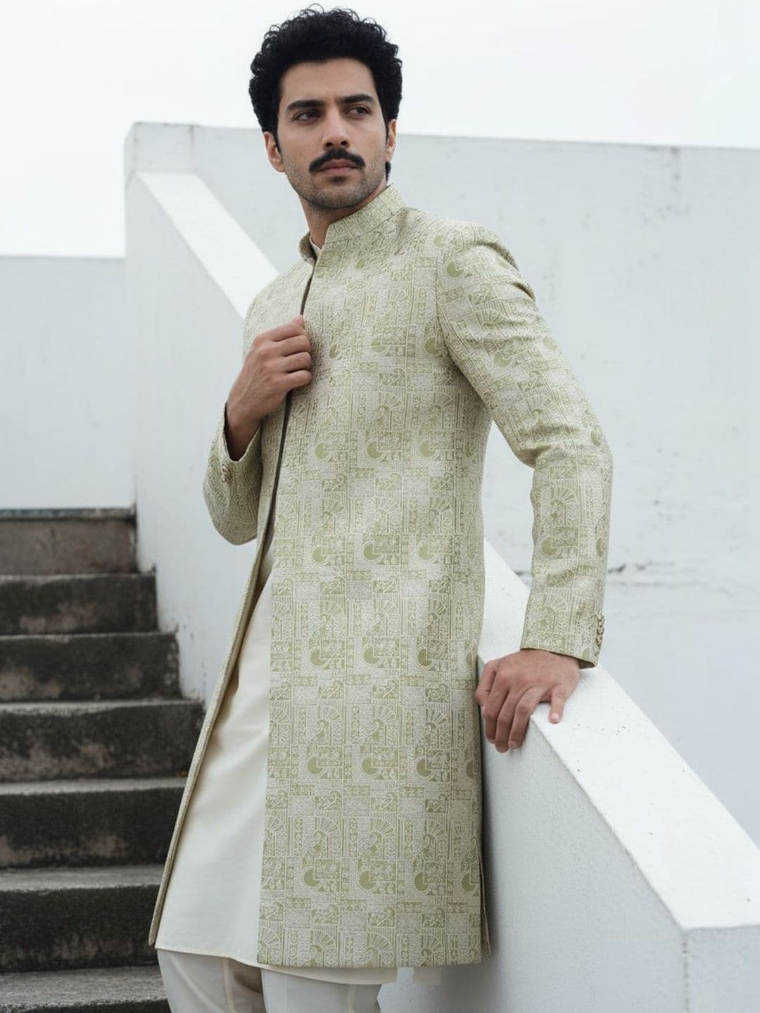 KISAH Embroidered Mandarin Collar Front Open Sherwani Set - view 1