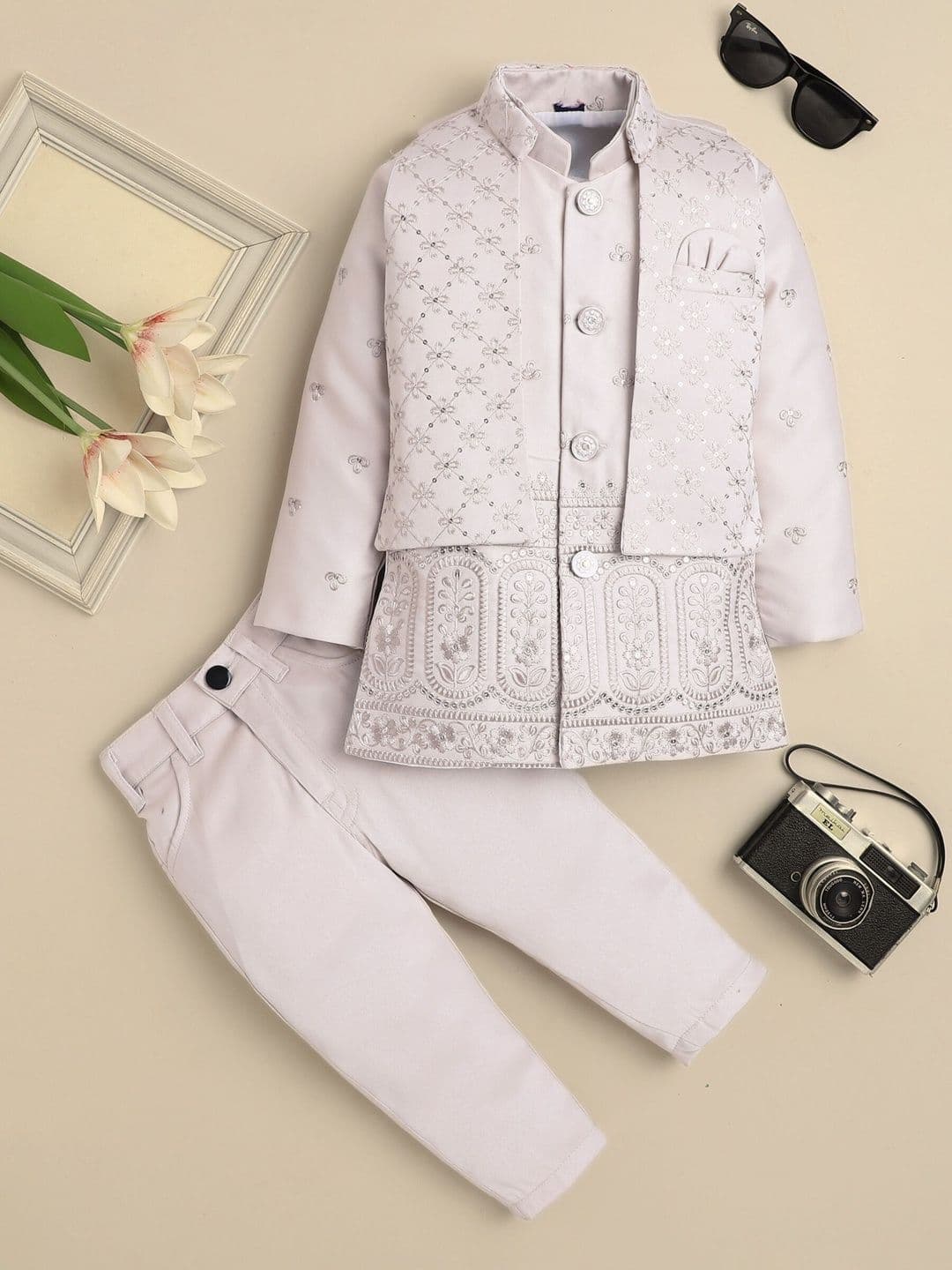 Sangria Boys Embroidered Mandarin Collar Sherwani Set - view 1