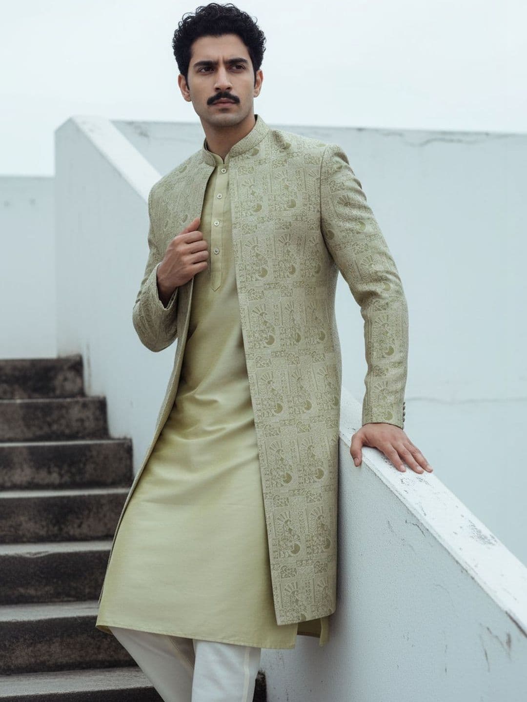 KISAH Men Golden Embroidered Kurta Front Open Indowestern Sherwani Trouser Set - view 1