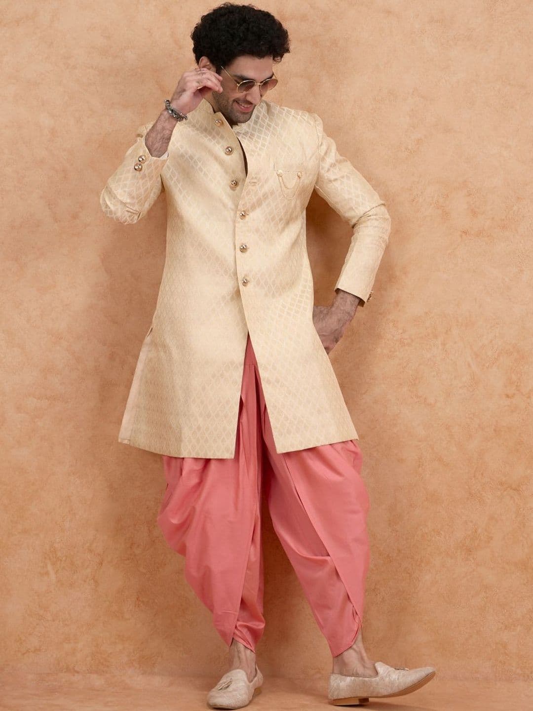 KISAH Men Cream Jacquard Indowestern Sherwani & Dhoti Set - view 1