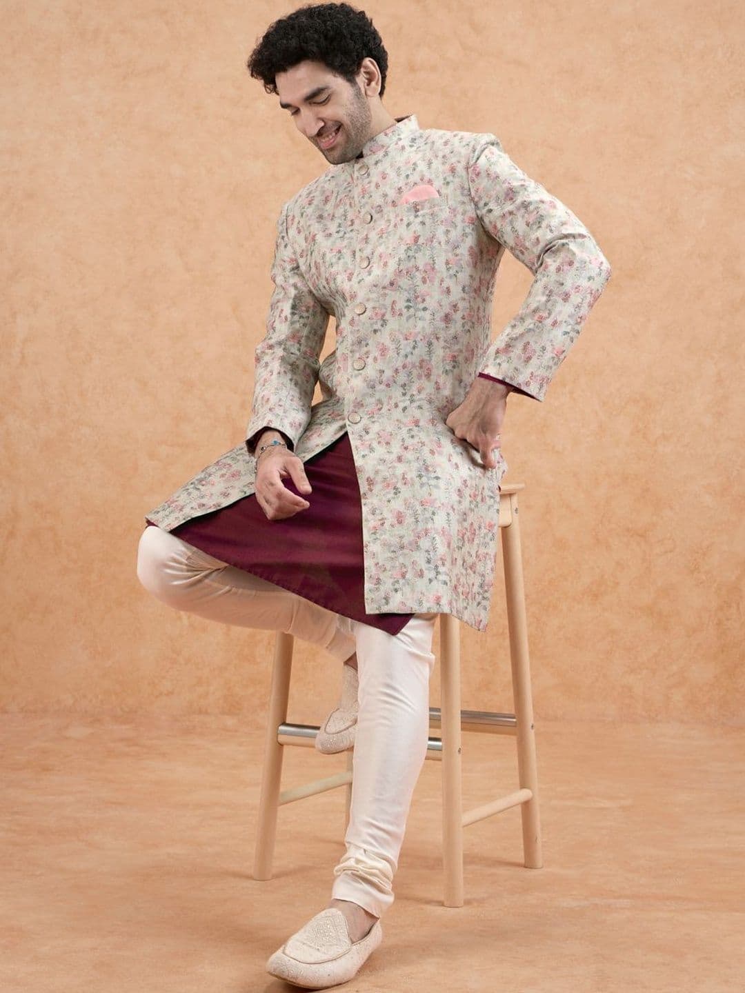 KISAH Men Jacquard Kurta Indowestern Sherwani Churidar Set - view 1