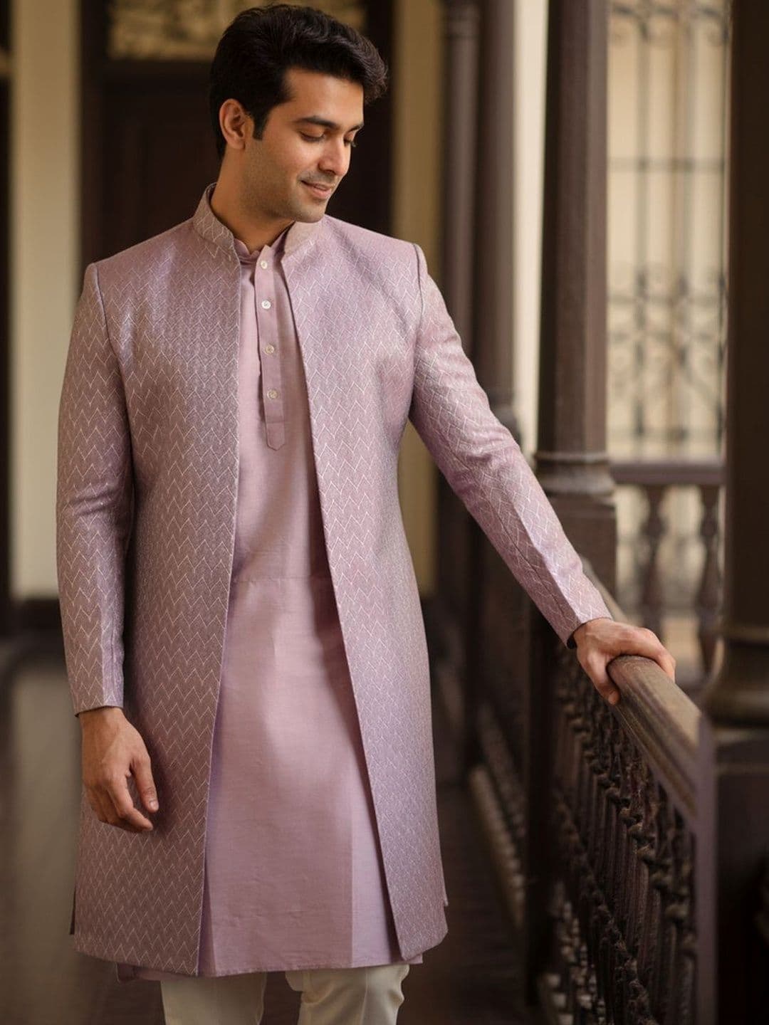 KISAH Men Pink Textured Kurta Front Open Indowestern Sherwani Trouser Set - view 1