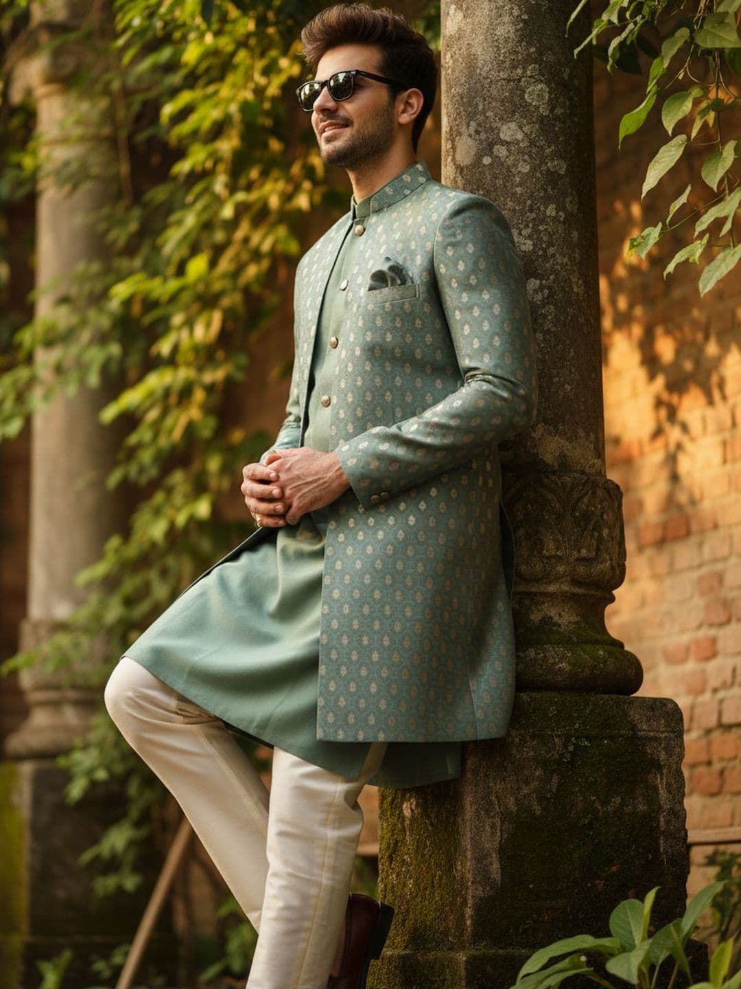 KISAH Men Brocade Mandarin Collar Front Open Sherwani Set - view 1