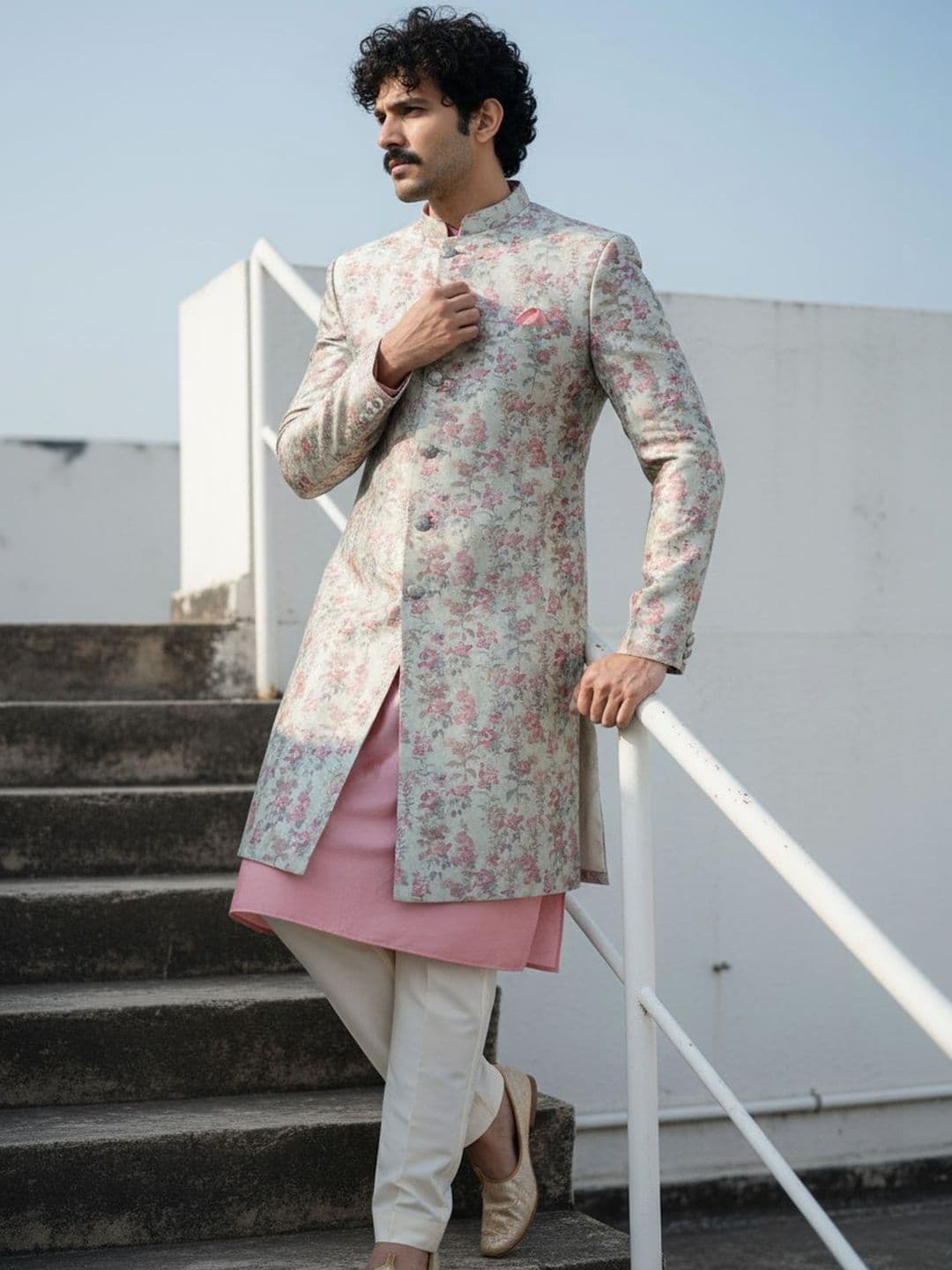 KISAH Printed Mandarin Collar Sherwani Set - view 1