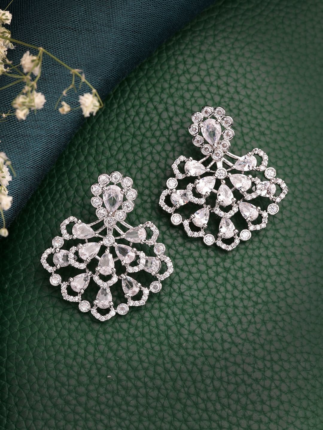 ZENEME Rhodium Plated American Diamond Studded Earrings - view 1