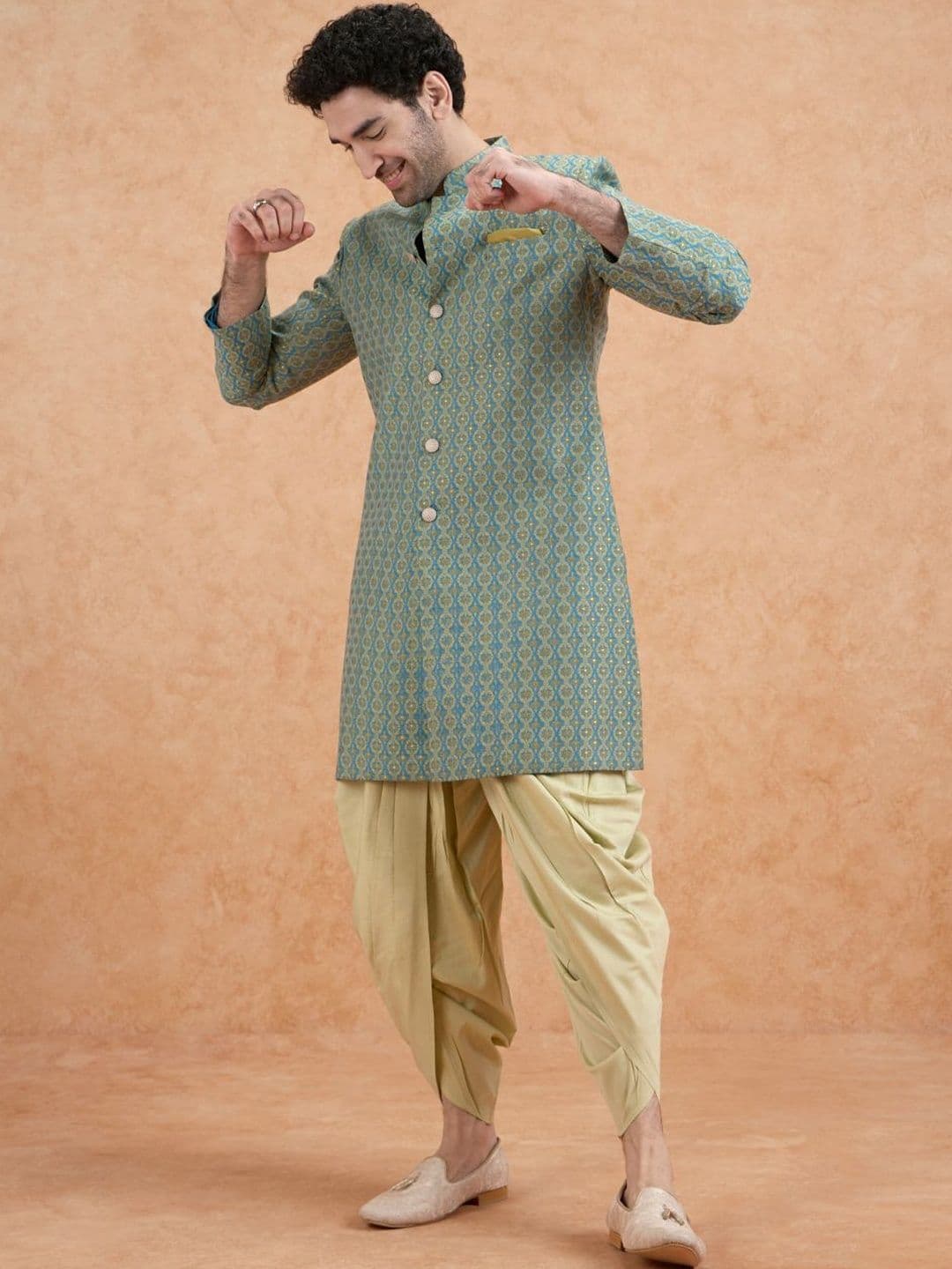 KISAH Men Green Jacquard Indowestern Sherwani Dhoti Set - view 1