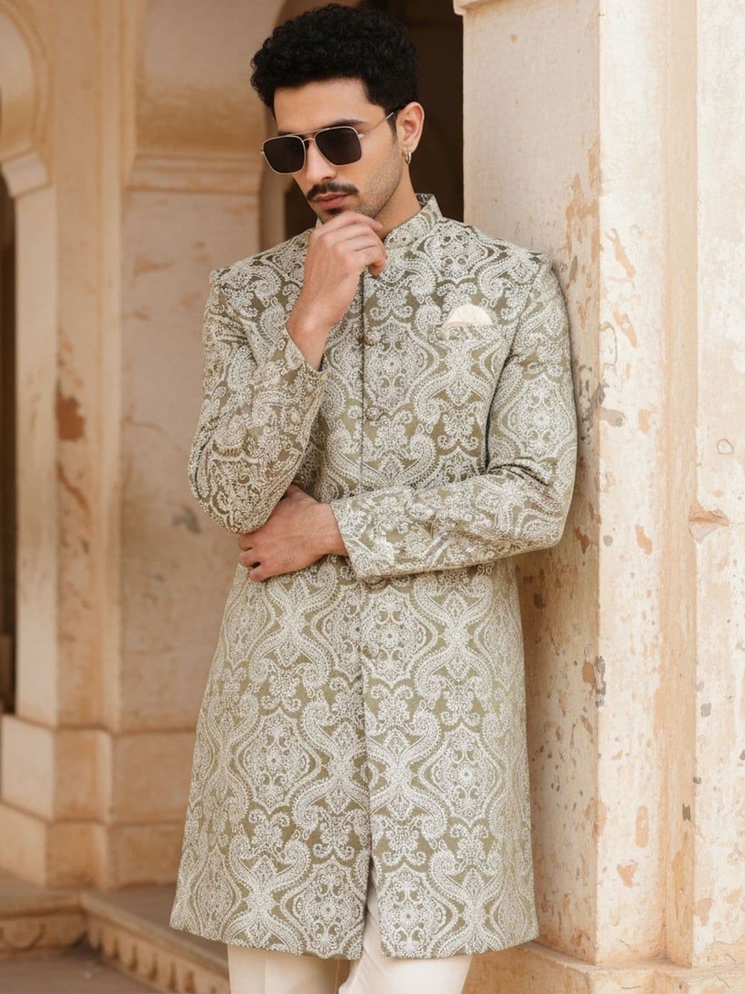KISAH Men Green Textured Indowestern Sherwani Trouser Set - view 1