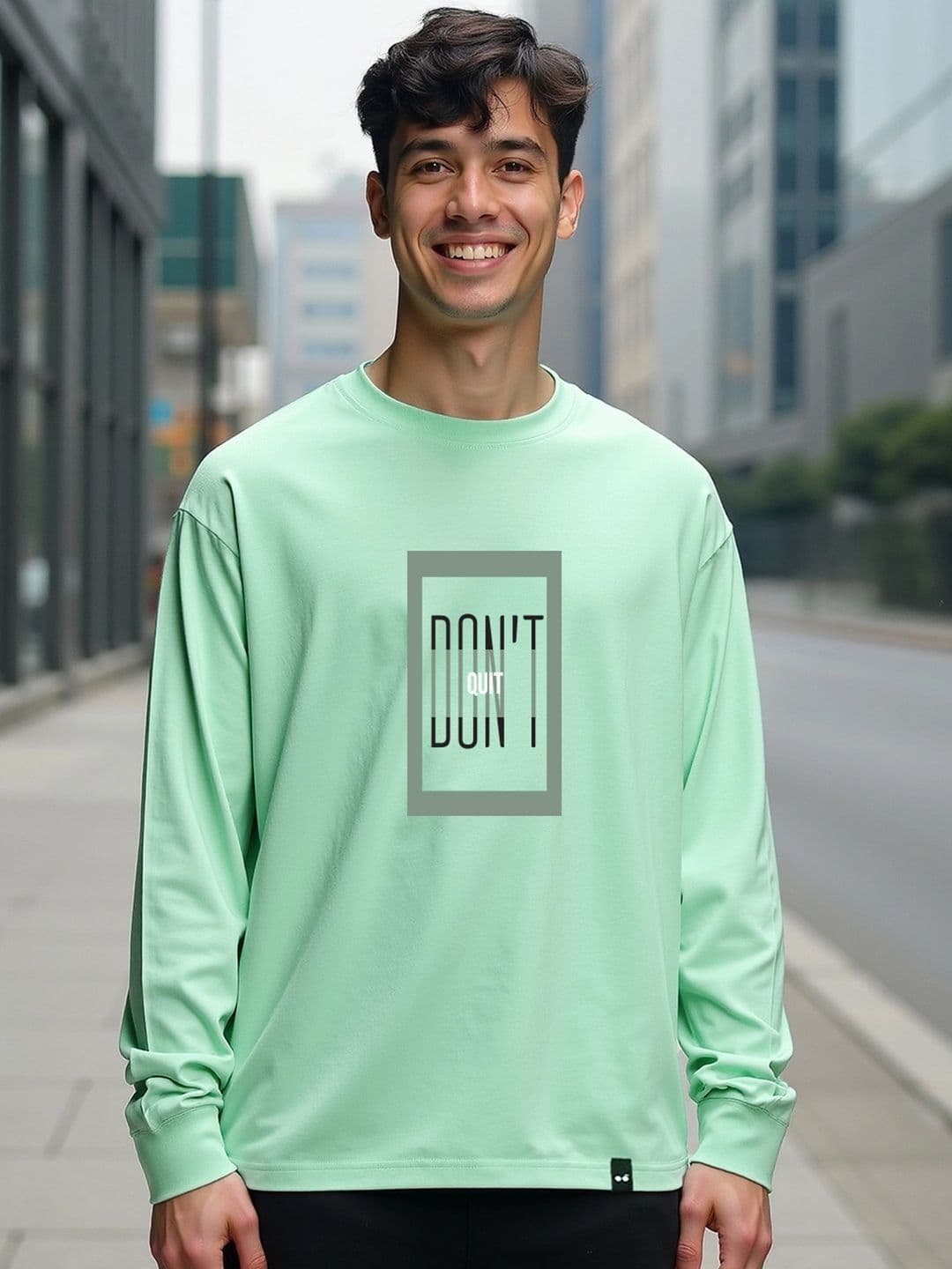 Bewakoof Men Bird Egg Green Dont Quit Typography Oversized T-shirt - view 1