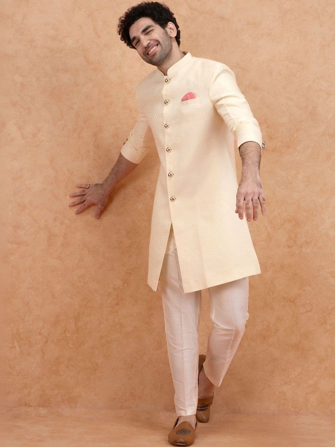 KISAH Men Cream Textured Indowestern Sherwani & Trouser Set - view 1