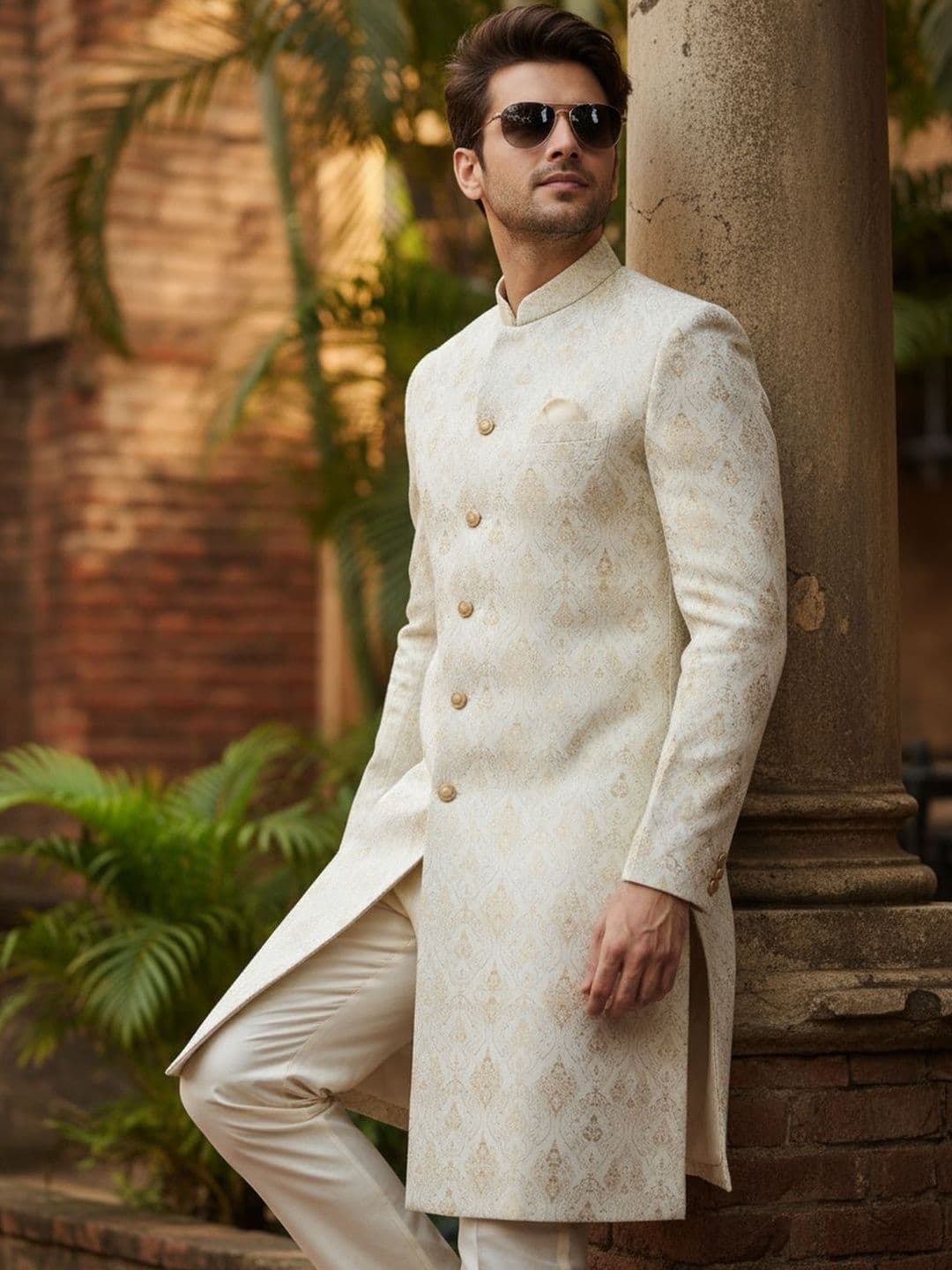 KISAH Men Cream Woven Design Mandarin Collar Indowestern Sherwani & Trouser Set - view 1