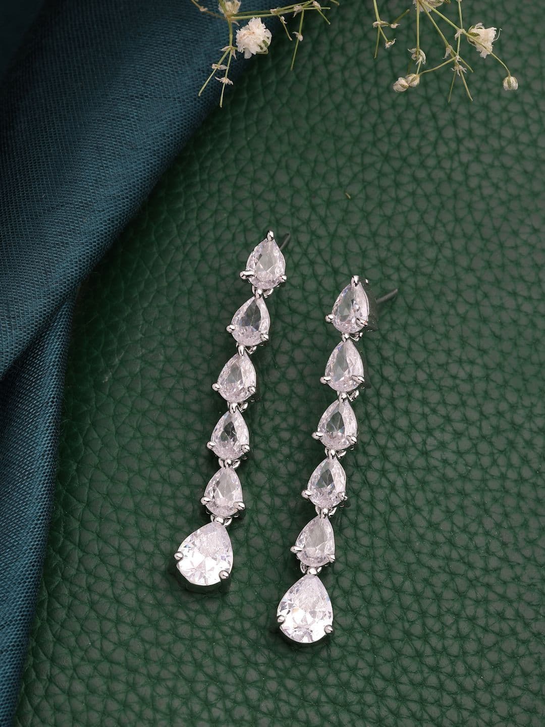 ZENEME Rhodium Plated American Diamond Studded Teardrop Shaped Earrings - view 1