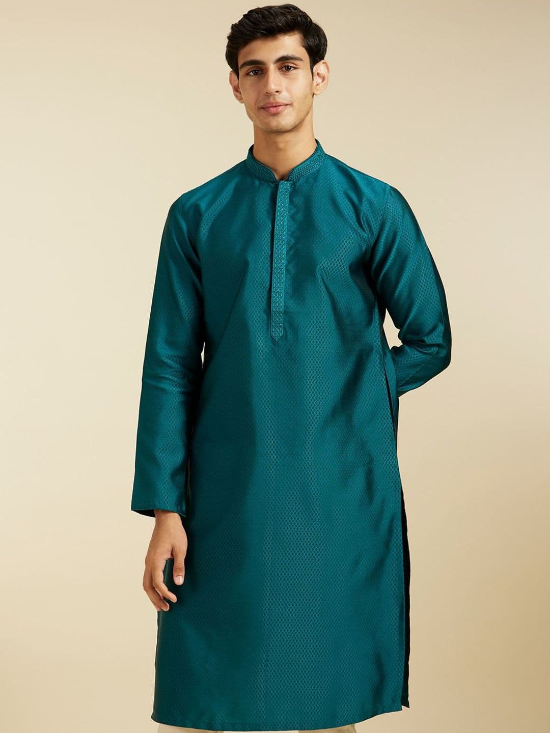 Diwas by Manyavar Geometric Woven Design Thread Work Mandarin Collar Straight Kurta - view 1