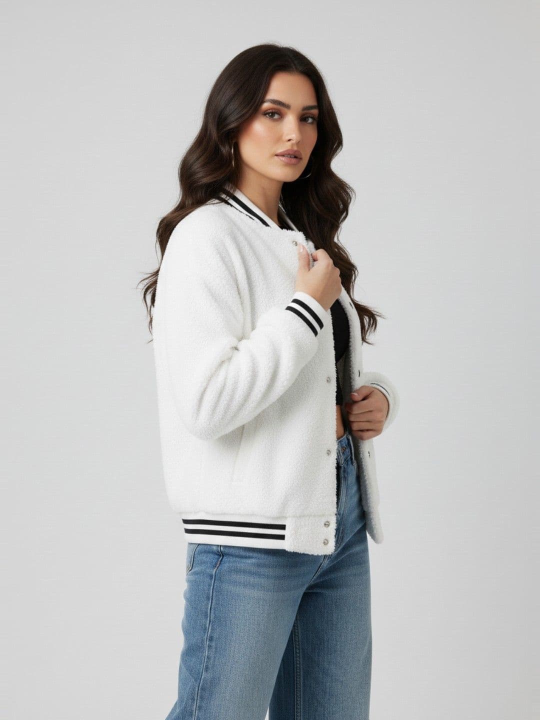 glitchez Stand Collar Oversized Varsity Sherpa Jacket - view 1