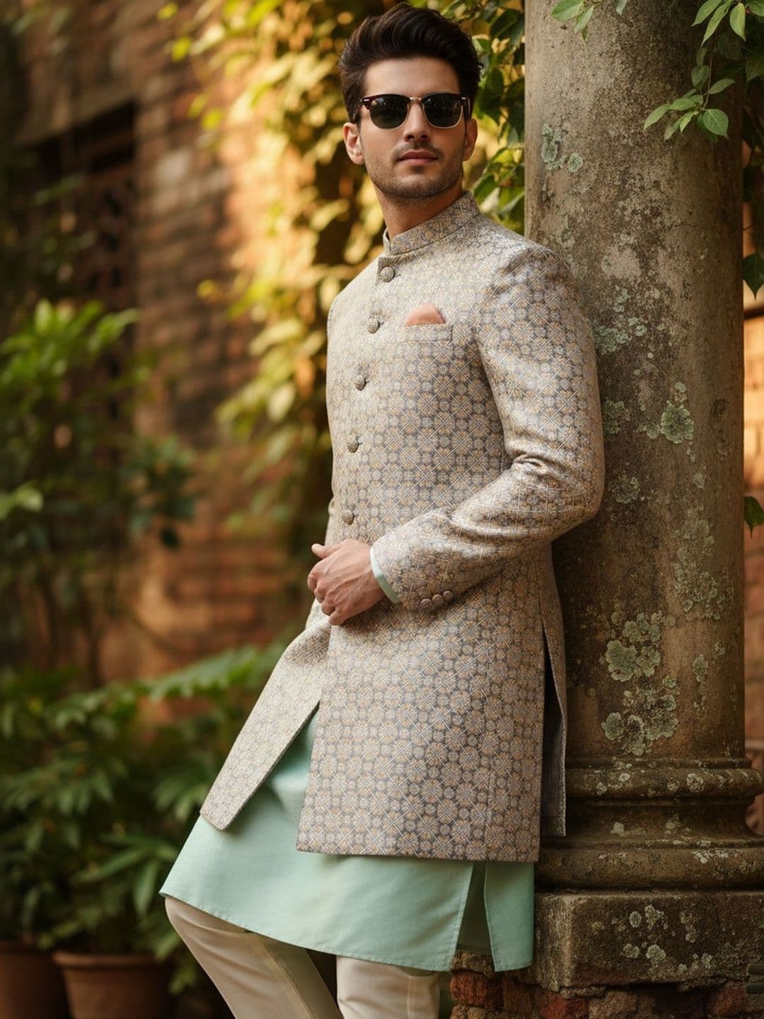 KISAH Men Green Textured Kurta Indowestern Sherwani Trouser Set - view 1